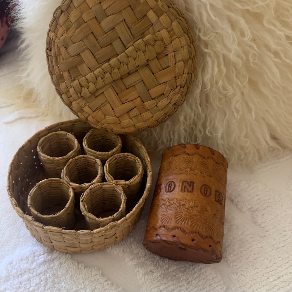 Unique Southwestern SONORA Leather & Wicker Woven Table Decor Set - Art Piece!